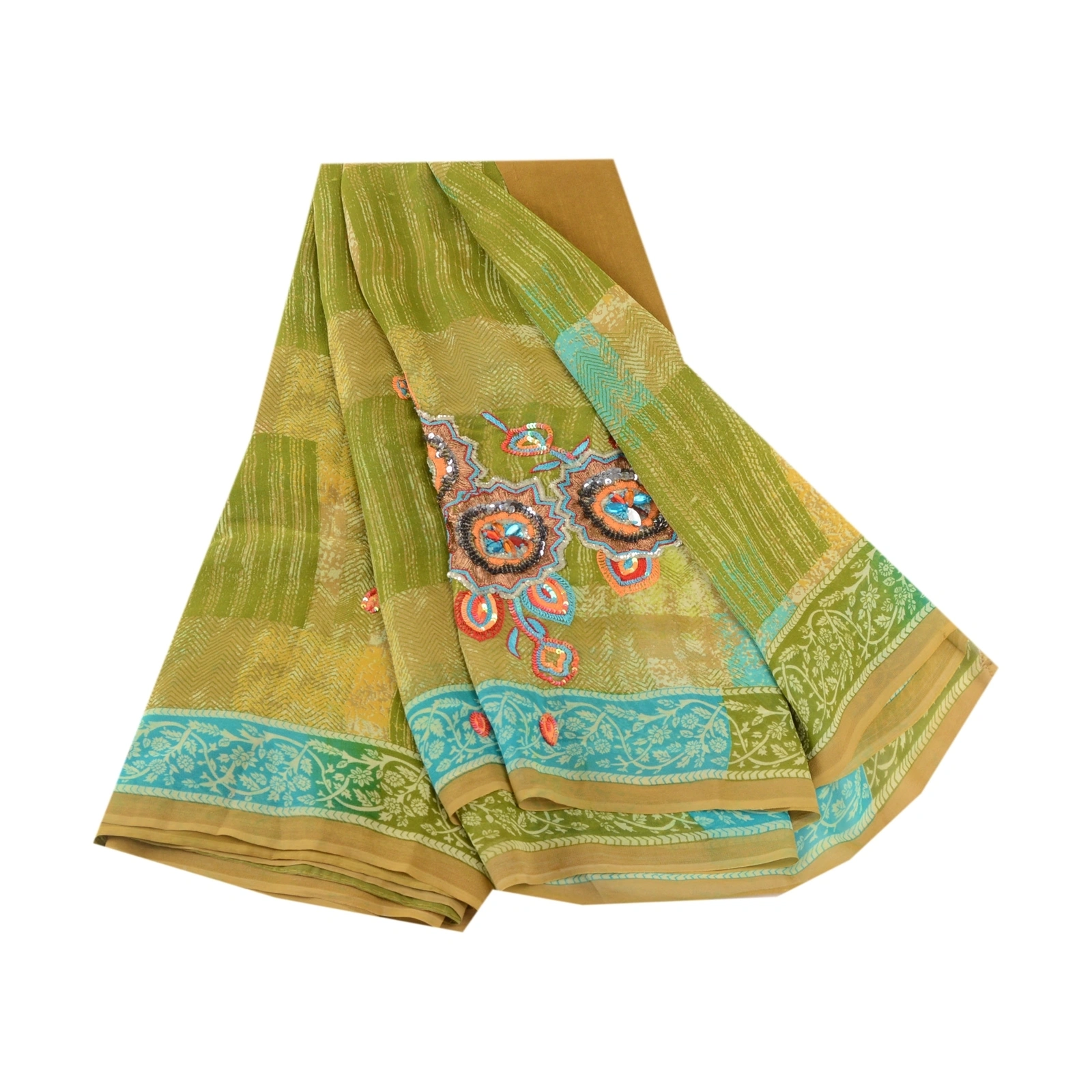 Sanskriti Vintage Green Hand Beaded Sarees Pure Georgette Silk Print Sari Fabric, PRG-10508-Green-Printed Floral Design-Pure Georgette Silk-2