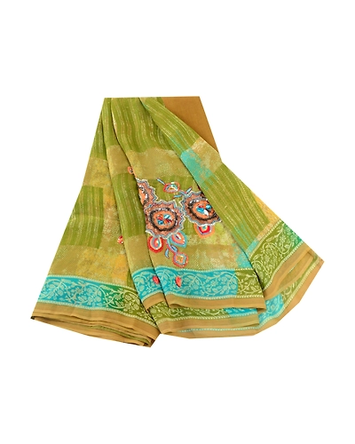 Sanskriti Vintage Green Hand Beaded Sarees Pure Georgette Silk Print Sari Fabric, PRG-10508-Green-Printed Floral Design-Pure Georgette Silk-2