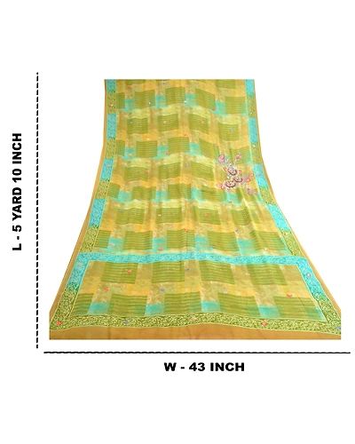 Sanskriti Vintage Green Hand Beaded Sarees Pure Georgette Silk Print Sari Fabric, PRG-10508-Green-Printed Floral Design-Pure Georgette Silk-3
