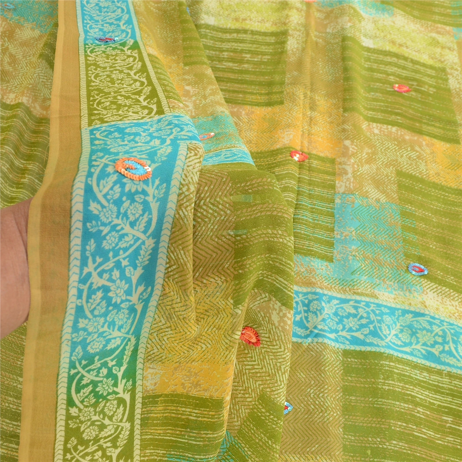 Sanskriti Vintage Green Hand Beaded Sarees Pure Georgette Silk Print Sari Fabric, PRG-10508-Green-Printed Floral Design-Pure Georgette Silk-4