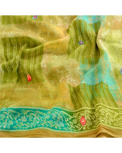 Sanskriti Vintage Green Hand Beaded Sarees Pure Georgette Silk Print Sari Fabric, PRG-10508-Green-Printed Floral Design-Pure Georgette Silk-6