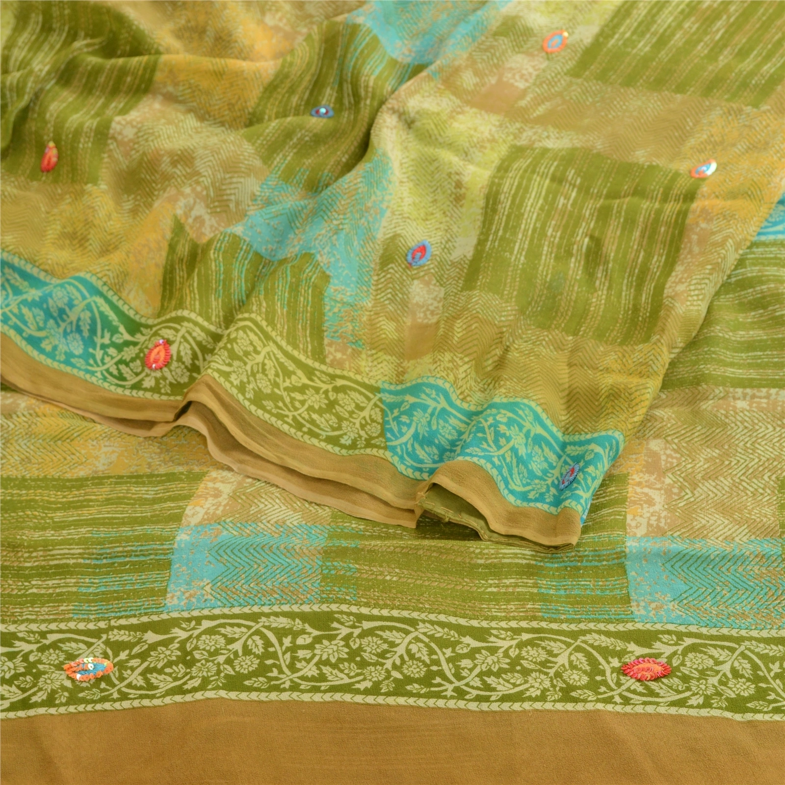 Sanskriti Vintage Green Hand Beaded Sarees Pure Georgette Silk Print Sari Fabric, PRG-10508-Green-Printed Floral Design-Pure Georgette Silk-7