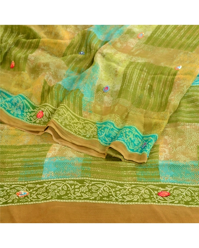 Sanskriti Vintage Green Hand Beaded Sarees Pure Georgette Silk Print Sari Fabric, PRG-10508-Green-Printed Floral Design-Pure Georgette Silk-7