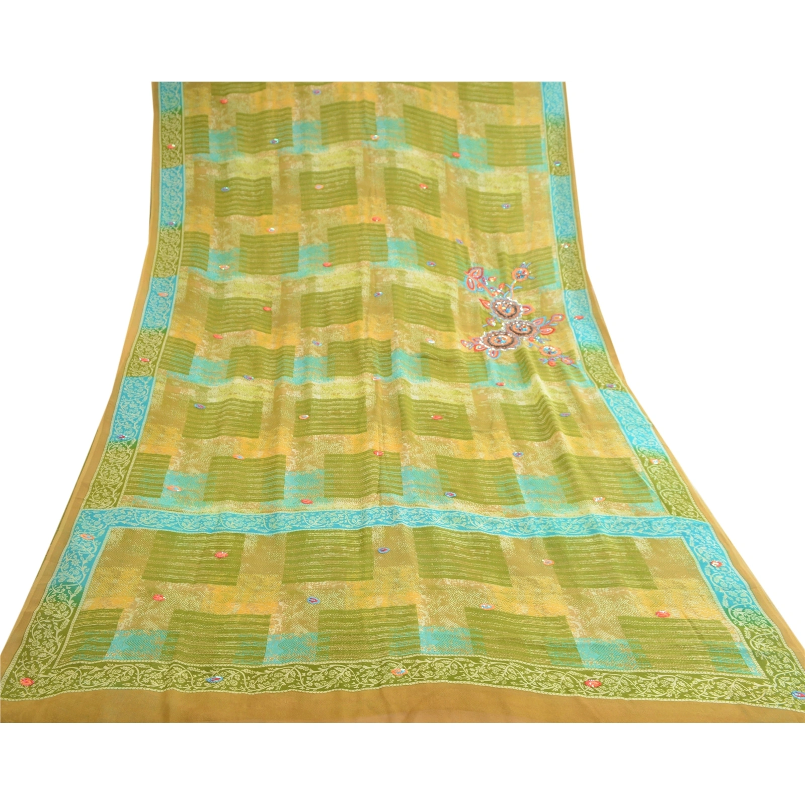 Sanskriti Vintage Green Hand Beaded Sarees Pure Georgette Silk Print Sari Fabric, PRG-10508-Green-Printed Floral Design-Pure Georgette Silk-8