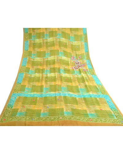 Sanskriti Vintage Green Hand Beaded Sarees Pure Georgette Silk Print Sari Fabric, PRG-10508-Green-Printed Floral Design-Pure Georgette Silk-8