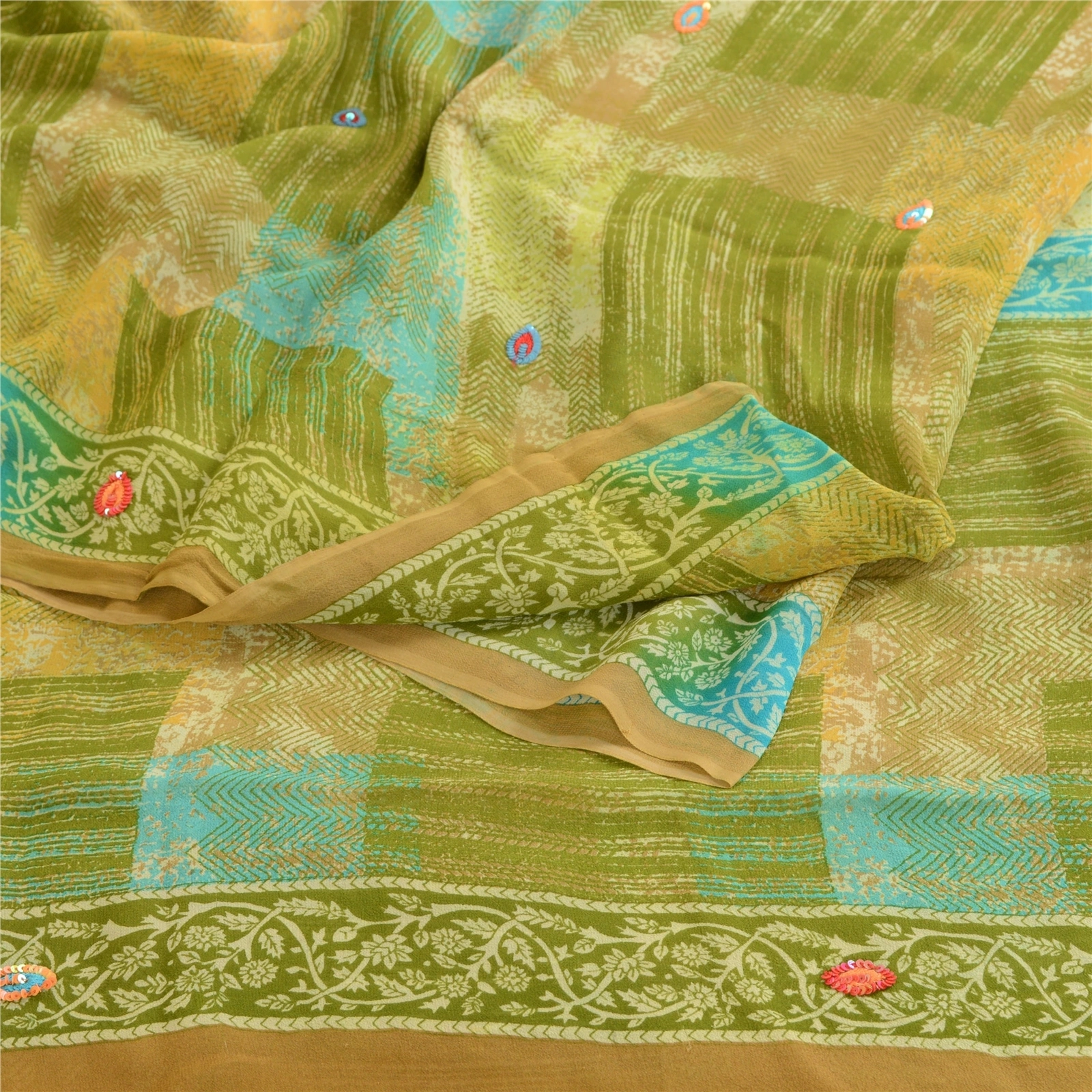 Sanskriti Vintage Green Hand Beaded Sarees Pure Georgette Silk Print Sari Fabric, PRG-10508-Green-Printed Floral Design-Pure Georgette Silk-9