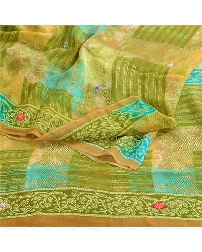 Sanskriti Vintage Green Hand Beaded Sarees Pure Georgette Silk Print Sari Fabric, PRG-10508-Green-Printed Floral Design-Pure Georgette Silk-9