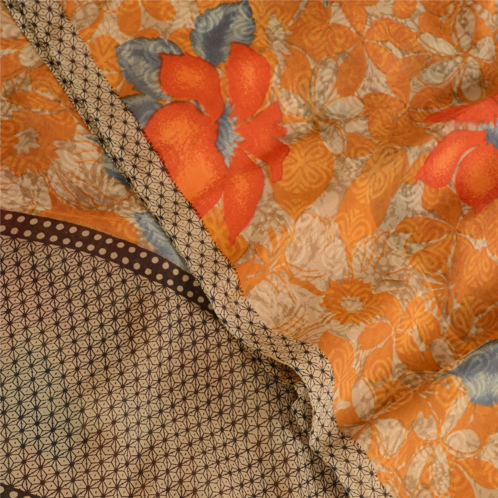 Sanskriti Vintage Orange Sarees Pure Georgette Silk Printed Sari Craft Fabric, PRG-10511-Orange-Printed Floral Design-Pure Georgette Silk-1