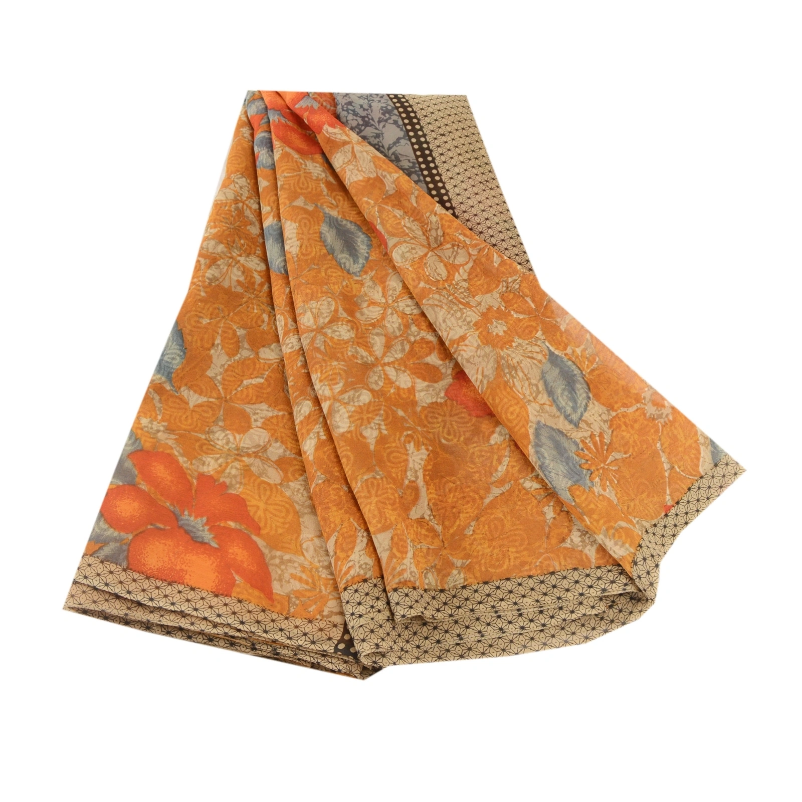 Sanskriti Vintage Orange Sarees Pure Georgette Silk Printed Sari Craft Fabric, PRG-10511-Orange-Printed Floral Design-Pure Georgette Silk-2