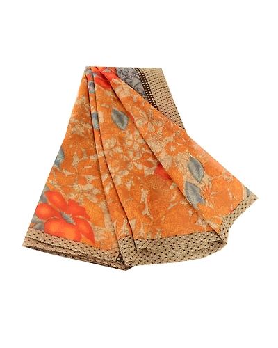 Sanskriti Vintage Orange Sarees Pure Georgette Silk Printed Sari Craft Fabric, PRG-10511-Orange-Printed Floral Design-Pure Georgette Silk-2