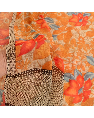 Sanskriti Vintage Orange Sarees Pure Georgette Silk Printed Sari Craft Fabric, PRG-10511-Orange-Printed Floral Design-Pure Georgette Silk-4