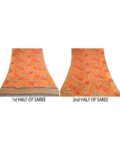 Sanskriti Vintage Orange Sarees Pure Georgette Silk Printed Sari Craft Fabric, PRG-10511-Orange-Printed Floral Design-Pure Georgette Silk-5