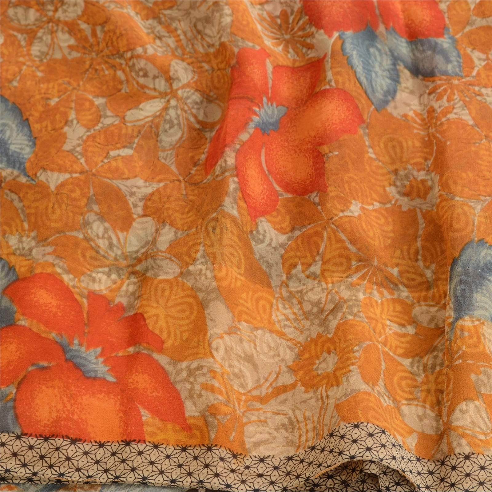 Sanskriti Vintage Orange Sarees Pure Georgette Silk Printed Sari Craft Fabric, PRG-10511-Orange-Printed Floral Design-Pure Georgette Silk-6