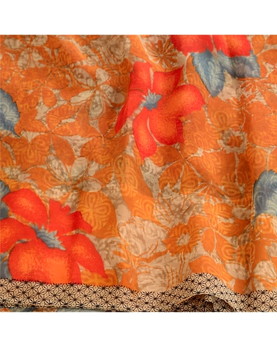 Sanskriti Vintage Orange Sarees Pure Georgette Silk Printed Sari Craft Fabric, PRG-10511-Orange-Printed Floral Design-Pure Georgette Silk-6