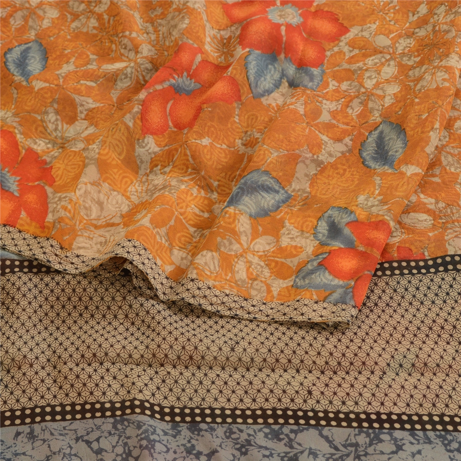 Sanskriti Vintage Orange Sarees Pure Georgette Silk Printed Sari Craft Fabric, PRG-10511-Orange-Printed Floral Design-Pure Georgette Silk-7