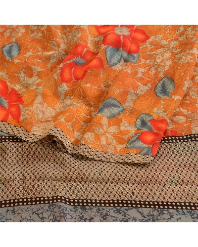 Sanskriti Vintage Orange Sarees Pure Georgette Silk Printed Sari Craft Fabric, PRG-10511-Orange-Printed Floral Design-Pure Georgette Silk-7