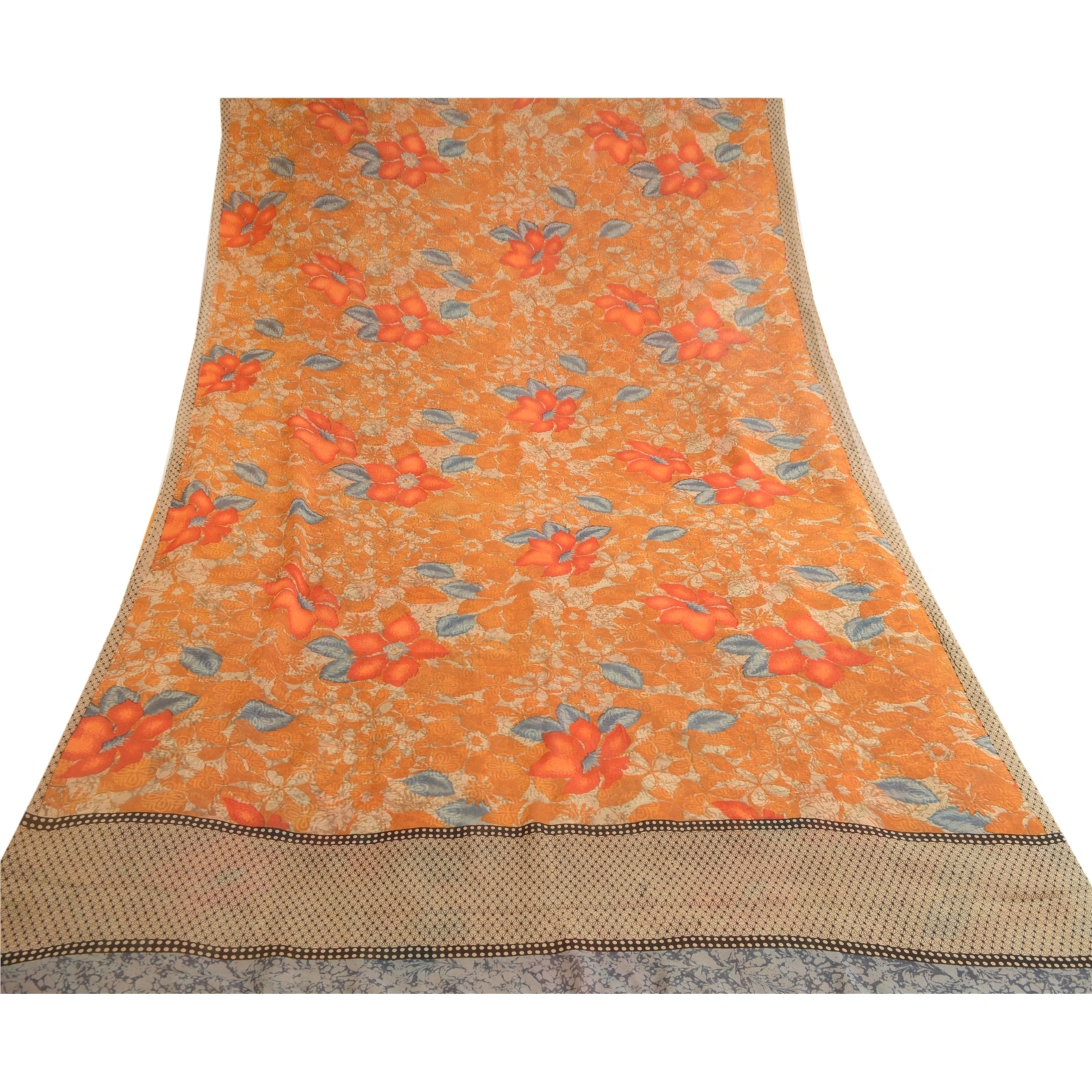 Sanskriti Vintage Orange Sarees Pure Georgette Silk Printed Sari Craft Fabric, PRG-10511-Orange-Printed Floral Design-Pure Georgette Silk-8