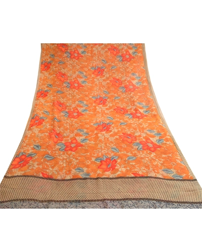 Sanskriti Vintage Orange Sarees Pure Georgette Silk Printed Sari Craft Fabric, PRG-10511-Orange-Printed Floral Design-Pure Georgette Silk-8
