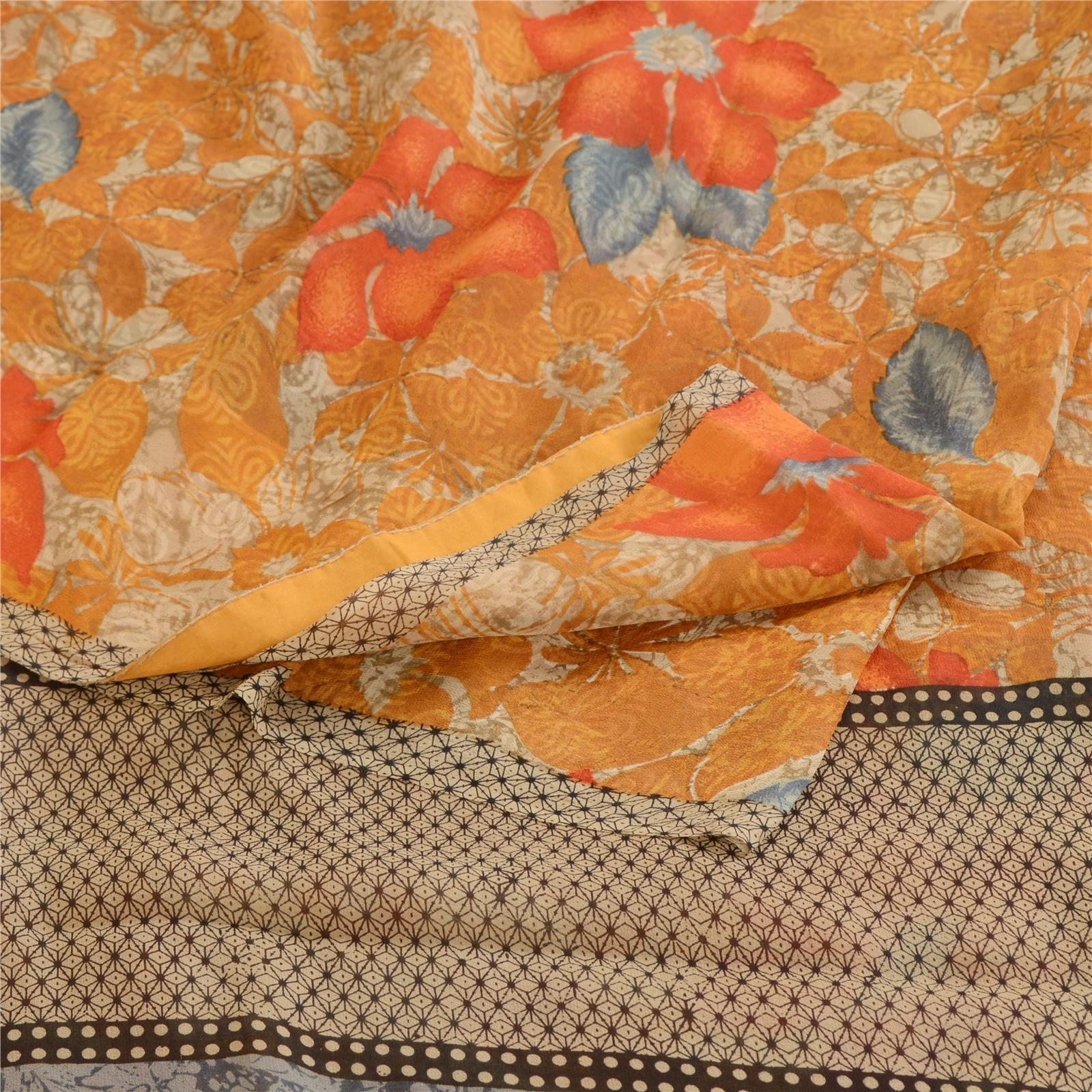 Sanskriti Vintage Orange Sarees Pure Georgette Silk Printed Sari Craft Fabric, PRG-10511-Orange-Printed Floral Design-Pure Georgette Silk-9