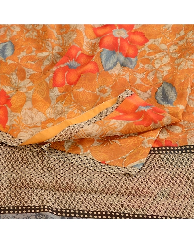 Sanskriti Vintage Orange Sarees Pure Georgette Silk Printed Sari Craft Fabric, PRG-10511-Orange-Printed Floral Design-Pure Georgette Silk-9