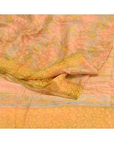 Sanskriti Vintage Sarees Indian Pink Pure Chiffon Silk Printed Sari Craft Fabric, PRG-10535-Pink-Printed Floral Design-Pure Chiffon Silk-9