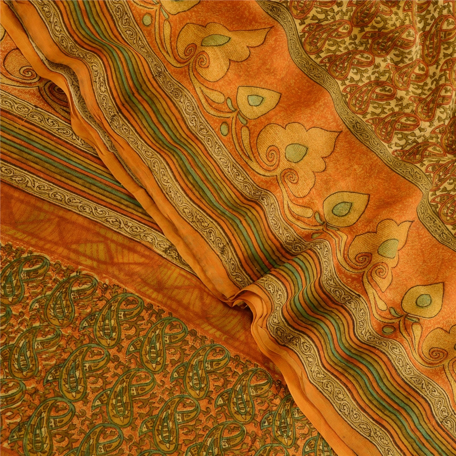 Sanskriti Vintage Orange Printed Sarees Pure Georgette Silk Sari Craft Fabric, PRG-10539-Orange-Printed Floral Design-Pure Georgette Silk-1