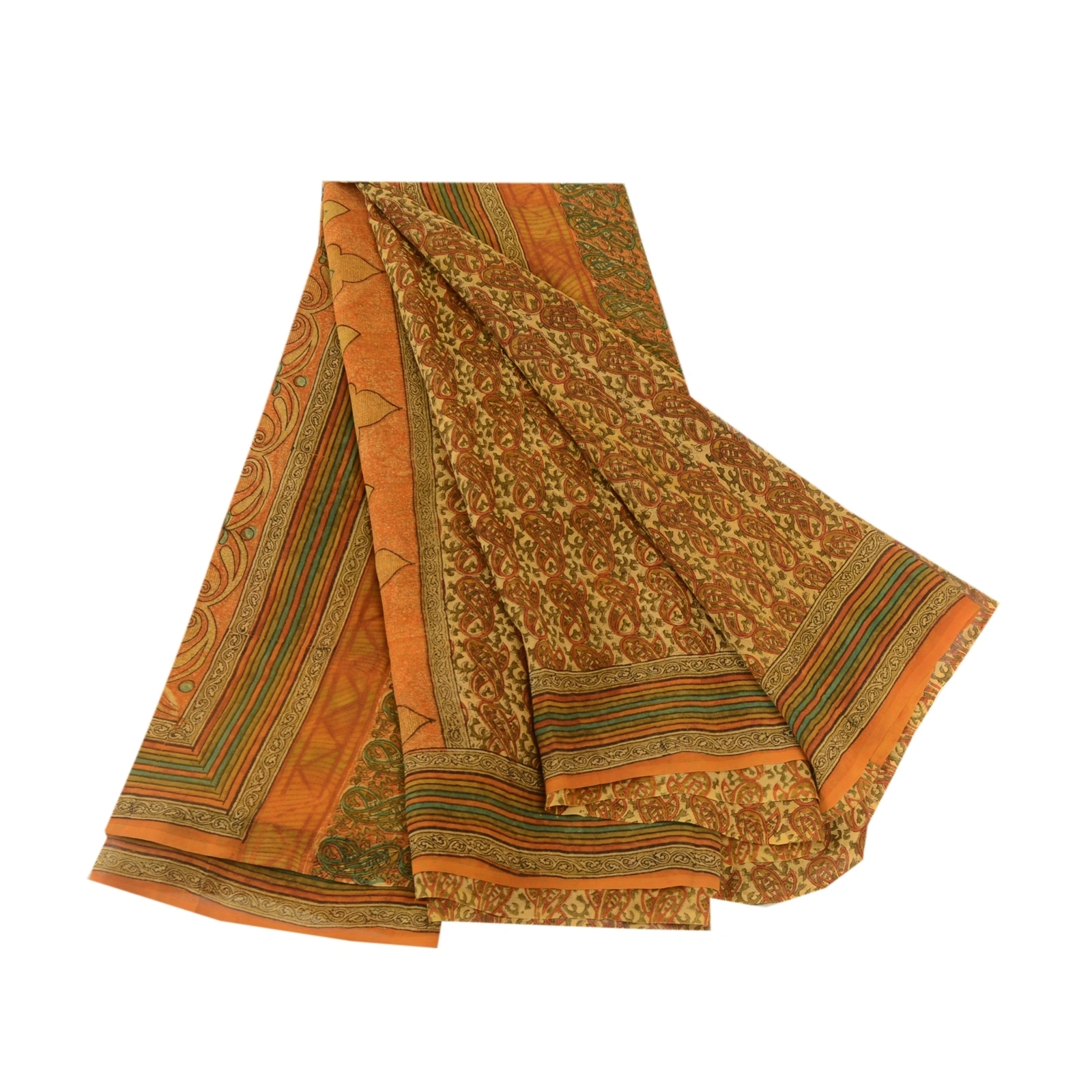 Sanskriti Vintage Orange Printed Sarees Pure Georgette Silk Sari Craft Fabric, PRG-10539-Orange-Printed Floral Design-Pure Georgette Silk-2