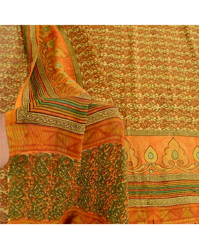 Sanskriti Vintage Orange Printed Sarees Pure Georgette Silk Sari Craft Fabric, PRG-10539-Orange-Printed Floral Design-Pure Georgette Silk-4