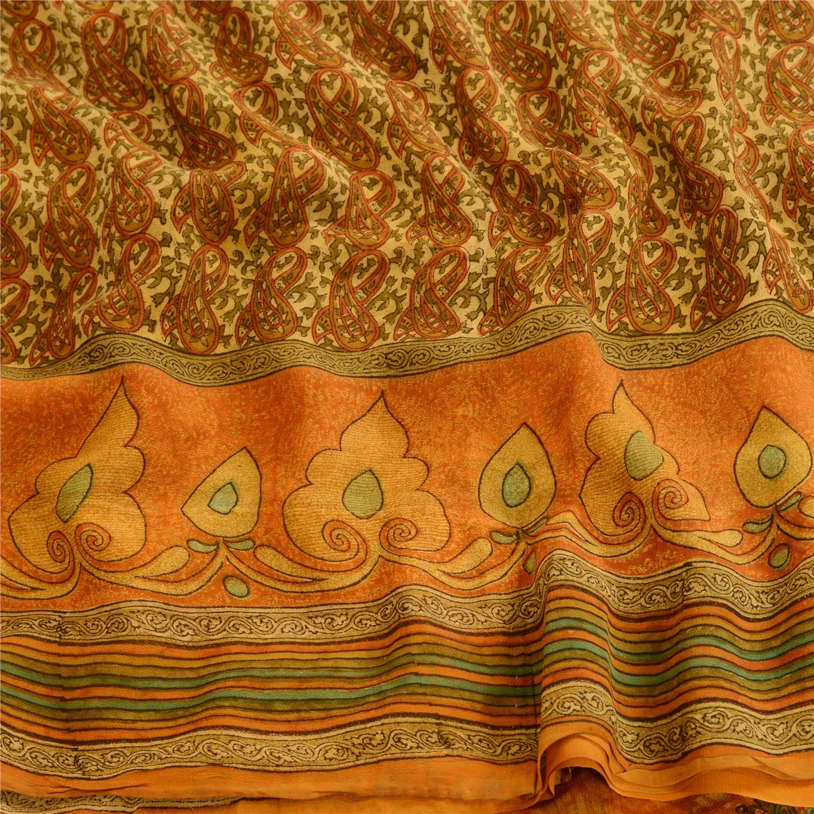 Sanskriti Vintage Orange Printed Sarees Pure Georgette Silk Sari Craft Fabric, PRG-10539-Orange-Printed Floral Design-Pure Georgette Silk-6