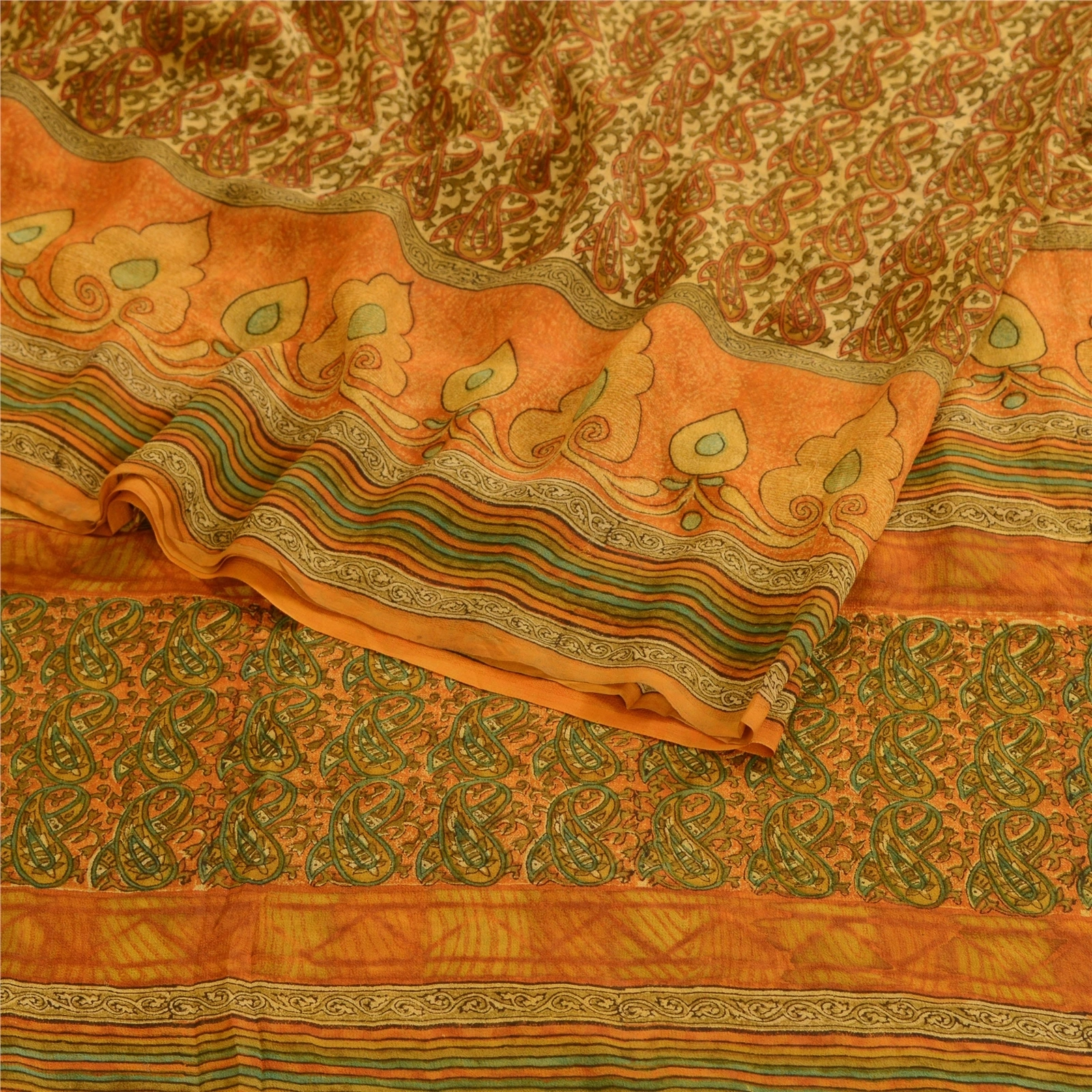 Sanskriti Vintage Orange Printed Sarees Pure Georgette Silk Sari Craft Fabric, PRG-10539-Orange-Printed Floral Design-Pure Georgette Silk-7