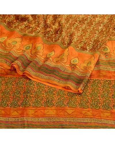Sanskriti Vintage Orange Printed Sarees Pure Georgette Silk Sari Craft Fabric, PRG-10539-Orange-Printed Floral Design-Pure Georgette Silk-7