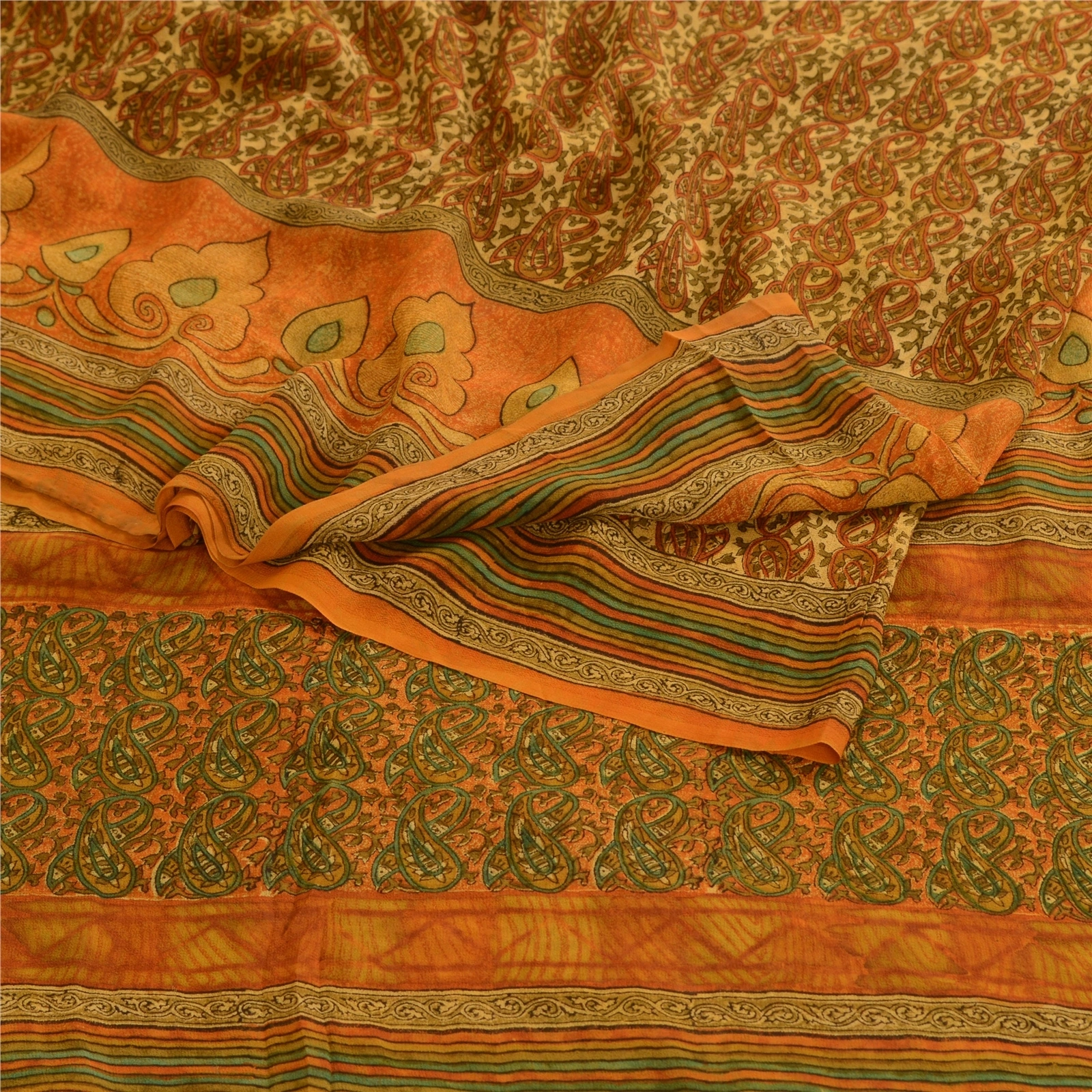 Sanskriti Vintage Orange Printed Sarees Pure Georgette Silk Sari Craft Fabric, PRG-10539-Orange-Printed Floral Design-Pure Georgette Silk-9