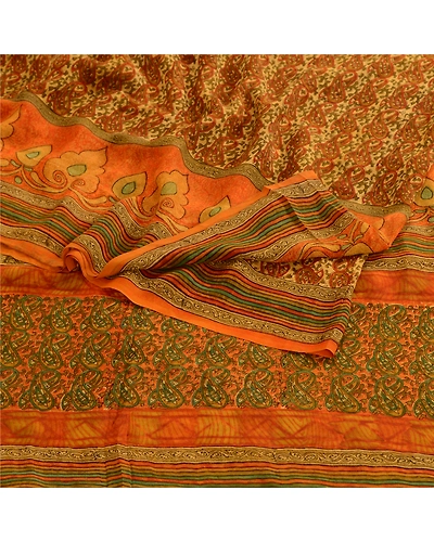 Sanskriti Vintage Orange Printed Sarees Pure Georgette Silk Sari Craft Fabric, PRG-10539-Orange-Printed Floral Design-Pure Georgette Silk-9