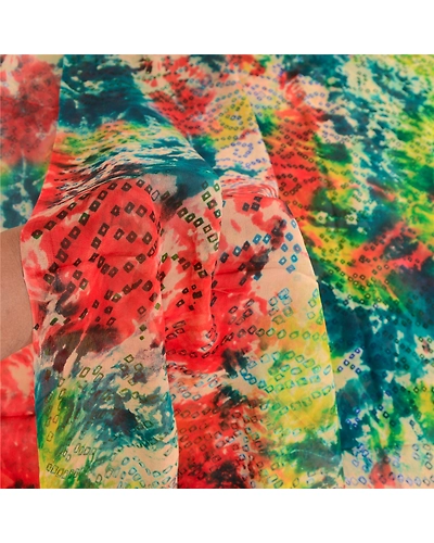 Sanskriti Vintage Tie-Dye Bandhani Multi Sarees Pure Chiffon Silk Sari Fabric, PRG-10550-Multi-Printed Floral Design-Pure Chiffon Silk-4