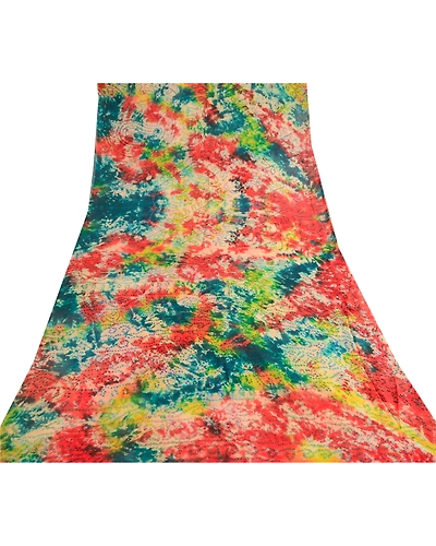 Sanskriti Vintage Tie-Dye Bandhani Multi Sarees Pure Chiffon Silk Sari Fabric, PRG-10550-Multi-Printed Floral Design-Pure Chiffon Silk-8