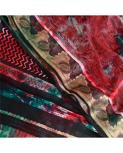 Sanskriti Vintage Tie-Dye Multi Sarees Pure Georgette Silk Sari 5Yd Craft Fabric, PRG-10553-Multi-Printed Floral Design-Pure Georgette Silk-1