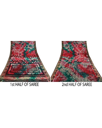 Sanskriti Vintage Tie-Dye Multi Sarees Pure Georgette Silk Sari 5Yd Craft Fabric, PRG-10553-Multi-Printed Floral Design-Pure Georgette Silk-5