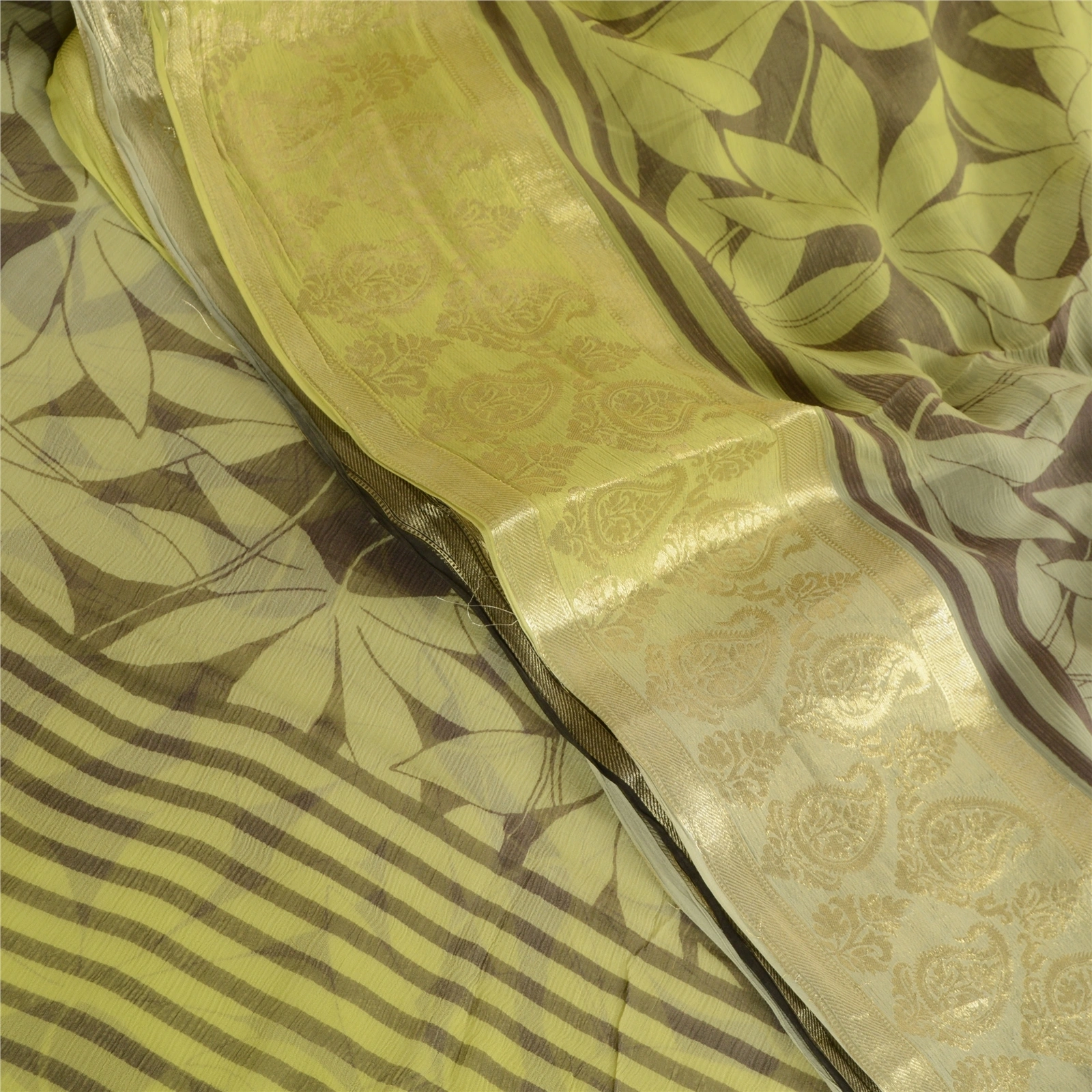 Sanskriti Vintage Green Sarees Blend Georgette Print Zari Sari 5Yd Craft Fabric, PRG-10608-Green-Printed Floral Design-Blend Georgette-1