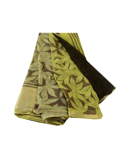 Sanskriti Vintage Green Sarees Blend Georgette Print Zari Sari 5Yd Craft Fabric, PRG-10608-Green-Printed Floral Design-Blend Georgette-2
