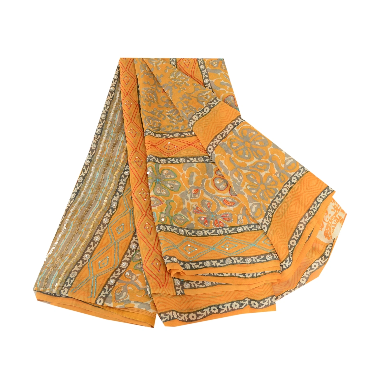 Sanskriti Vintage Mustard Sarees Hand Bead Pure Georgette Silk Sari Craft Fabric, PRG-10613-Mustard-Printed Floral Design-Pure Georgette Silk-2