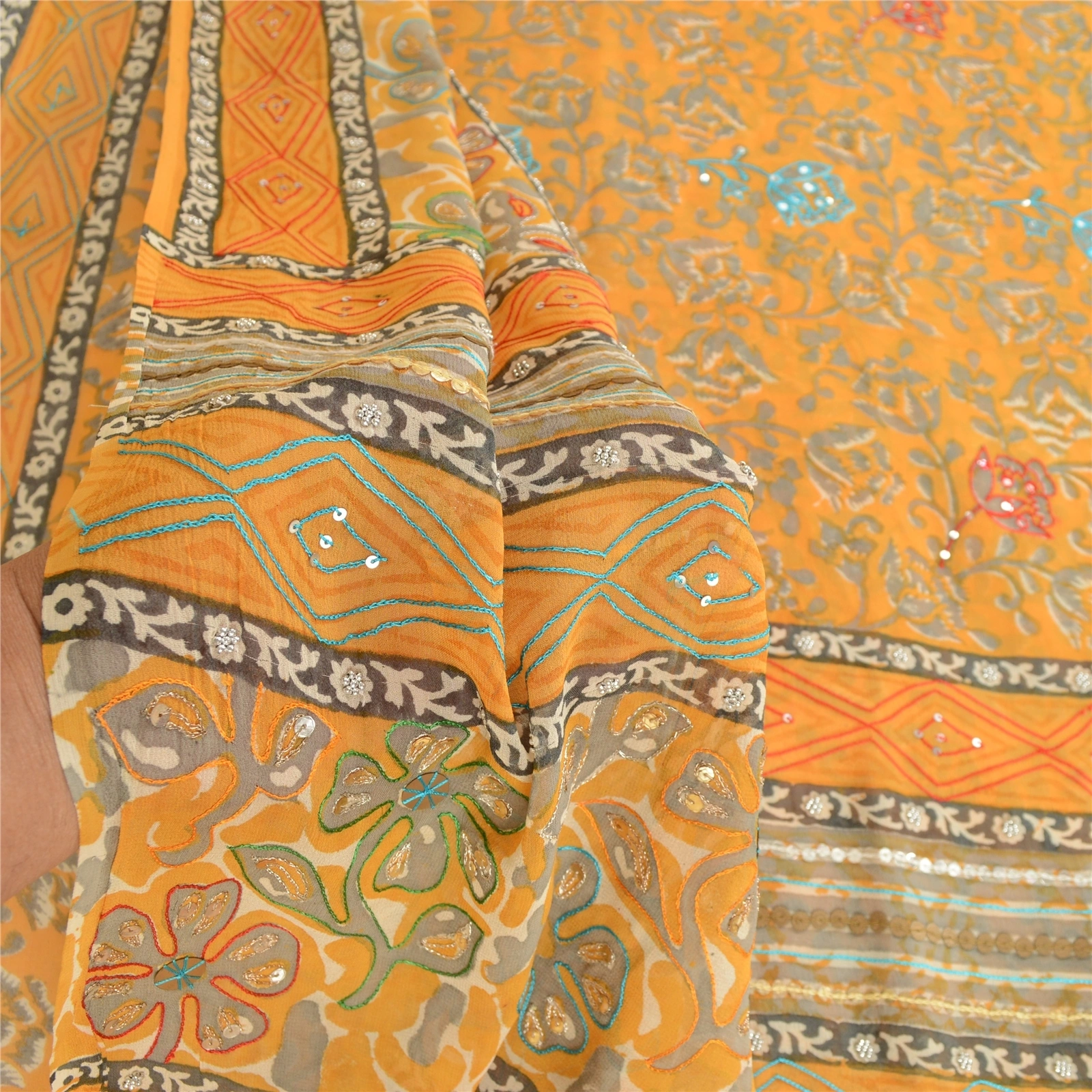 Sanskriti Vintage Mustard Sarees Hand Bead Pure Georgette Silk Sari Craft Fabric, PRG-10613-Mustard-Printed Floral Design-Pure Georgette Silk-4