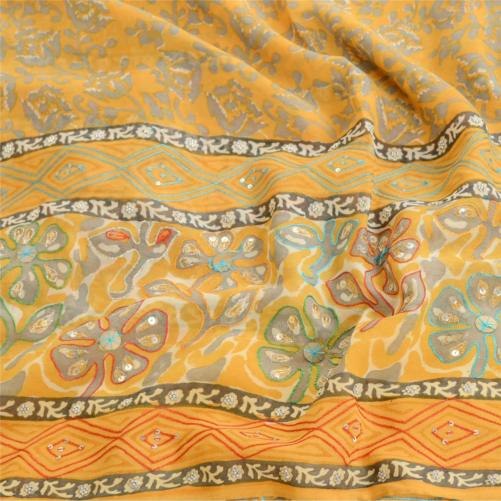 Sanskriti Vintage Mustard Sarees Hand Bead Pure Georgette Silk Sari Craft Fabric, PRG-10613-Mustard-Printed Floral Design-Pure Georgette Silk-6