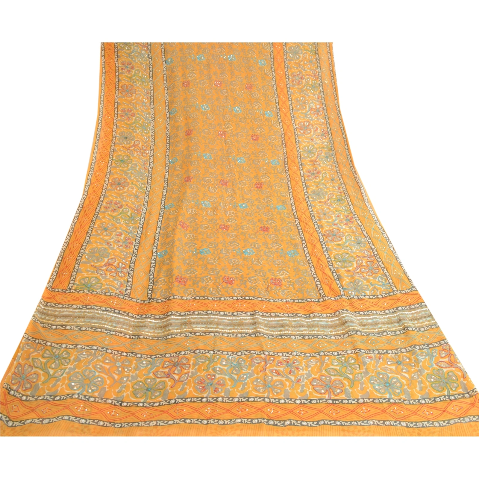 Sanskriti Vintage Mustard Sarees Hand Bead Pure Georgette Silk Sari Craft Fabric, PRG-10613-Mustard-Printed Floral Design-Pure Georgette Silk-8