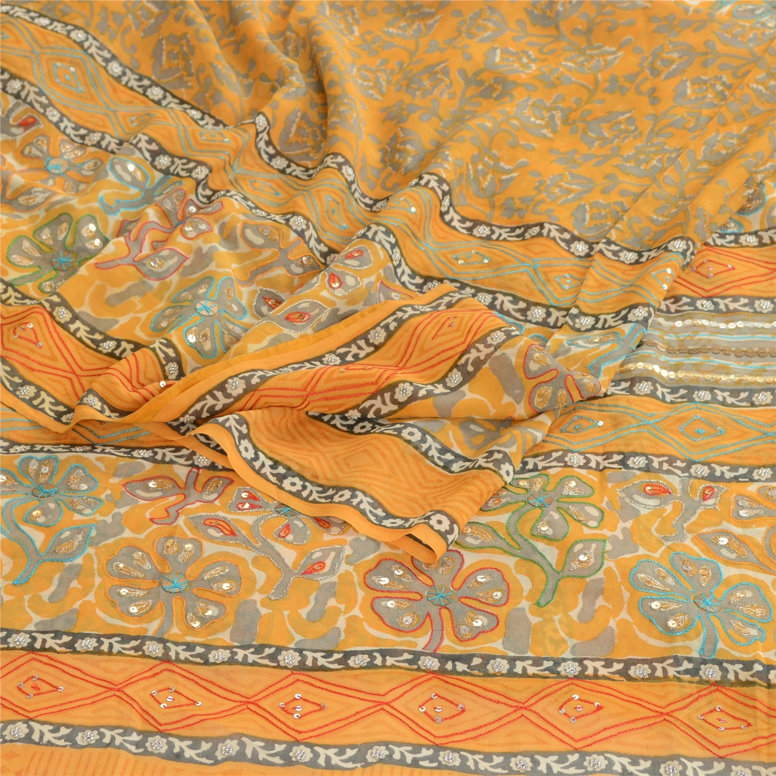 Sanskriti Vintage Mustard Sarees Hand Bead Pure Georgette Silk Sari Craft Fabric, PRG-10613-Mustard-Printed Floral Design-Pure Georgette Silk-9