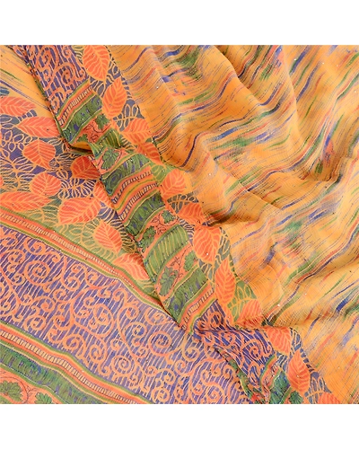 Sanskriti Vintage Orange Pure Chiffon Silk Sarees Print Sari Mukesh Craft Fabric, PRG-10619-Orange-Printed Floral Design-Pure Chiffon Silk-1