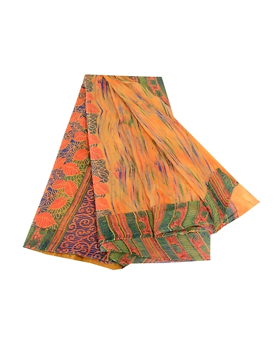 Sanskriti Vintage Orange Pure Chiffon Silk Sarees Print Sari Mukesh Craft Fabric, PRG-10619-Orange-Printed Floral Design-Pure Chiffon Silk-2
