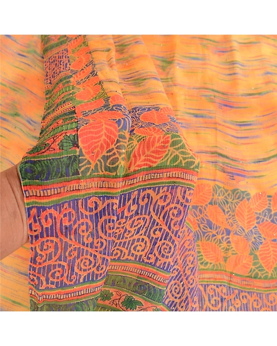 Sanskriti Vintage Orange Pure Chiffon Silk Sarees Print Sari Mukesh Craft Fabric, PRG-10619-Orange-Printed Floral Design-Pure Chiffon Silk-4