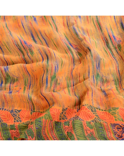 Sanskriti Vintage Orange Pure Chiffon Silk Sarees Print Sari Mukesh Craft Fabric, PRG-10619-Orange-Printed Floral Design-Pure Chiffon Silk-6