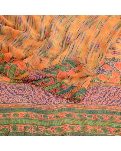 Sanskriti Vintage Orange Pure Chiffon Silk Sarees Print Sari Mukesh Craft Fabric, PRG-10619-Orange-Printed Floral Design-Pure Chiffon Silk-7