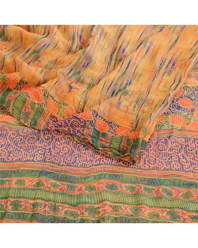 Sanskriti Vintage Orange Pure Chiffon Silk Sarees Print Sari Mukesh Craft Fabric, PRG-10619-Orange-Printed Floral Design-Pure Chiffon Silk-9